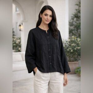 Eileen Fisher Black Irish Linen Textured Button Front Blouse Size Large